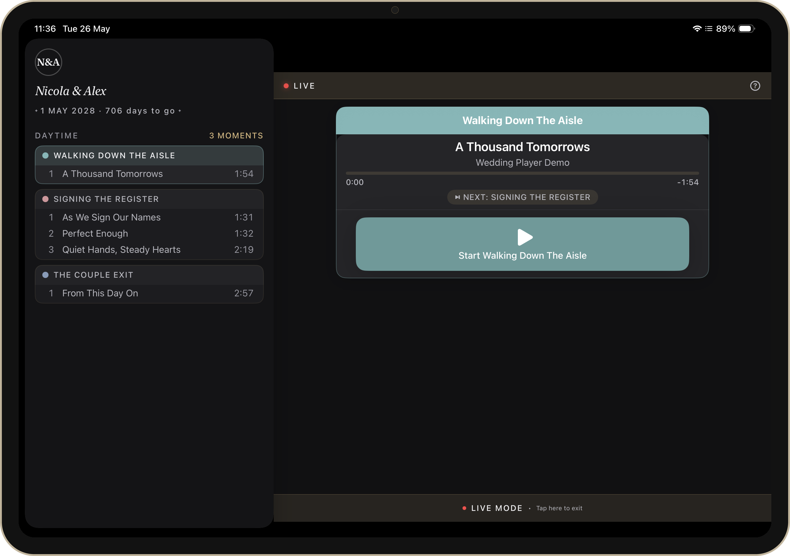 Wedding Player on iPad with split-view sidebar