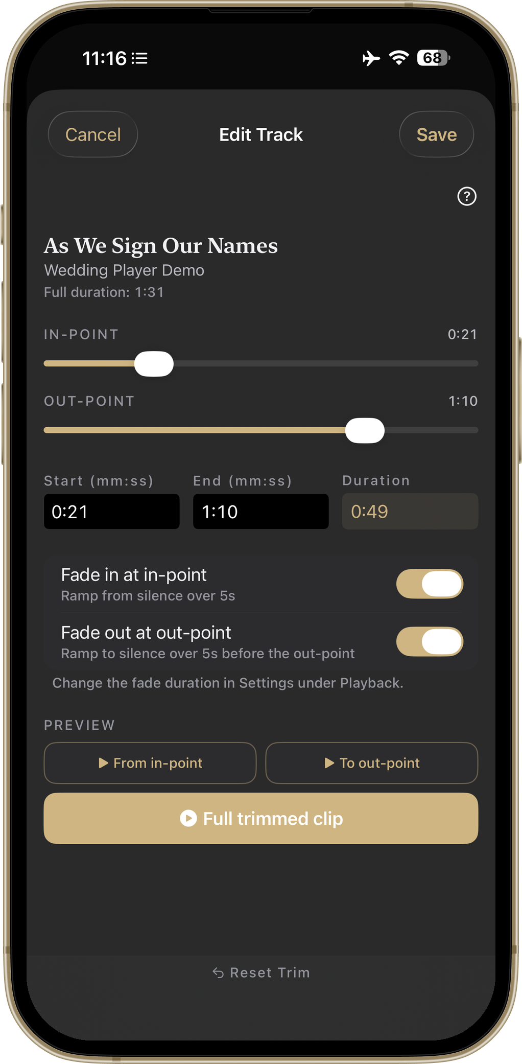 Trim and Fade editor