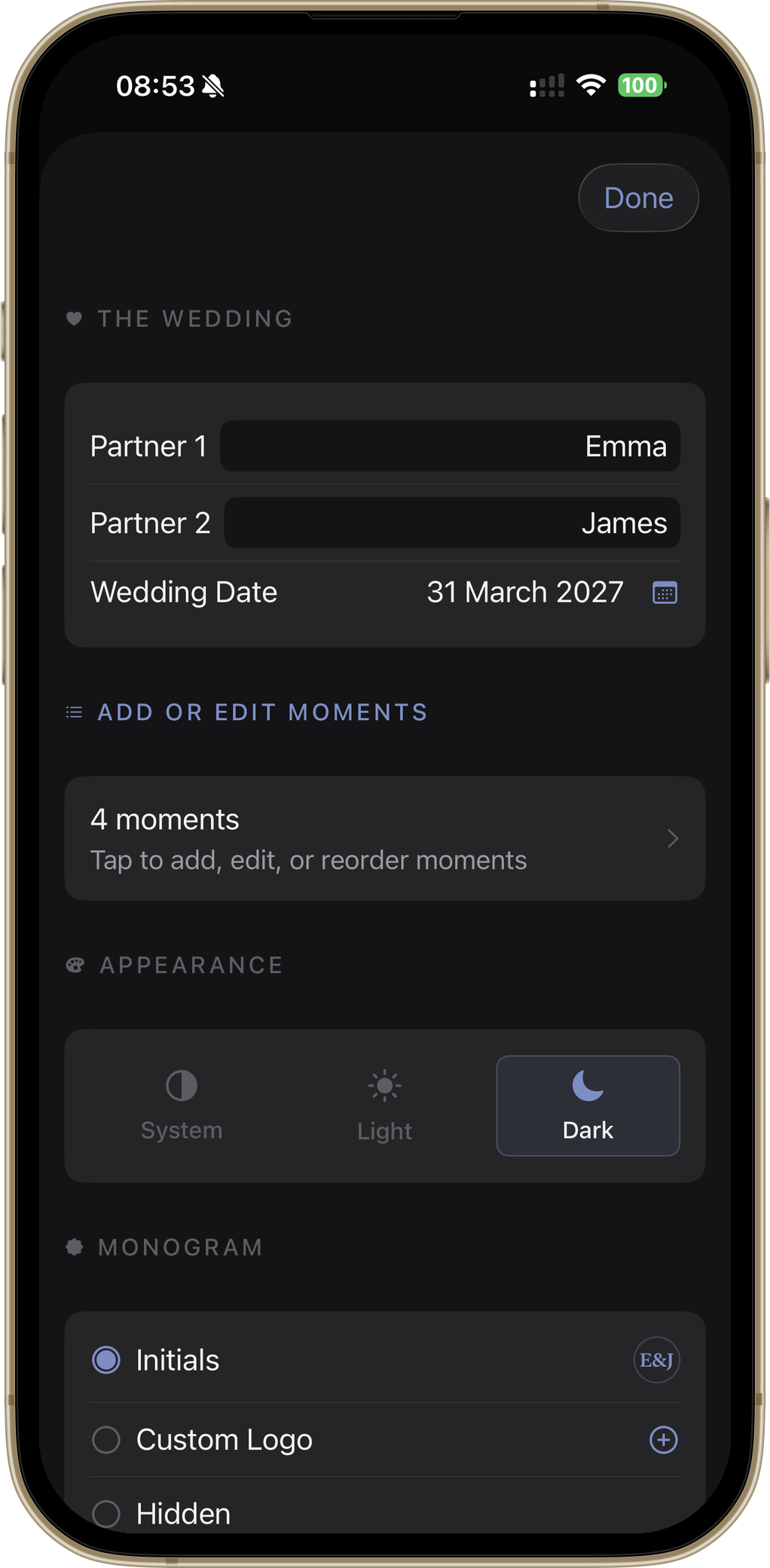 Renaming and reordering moments in Wedding Player