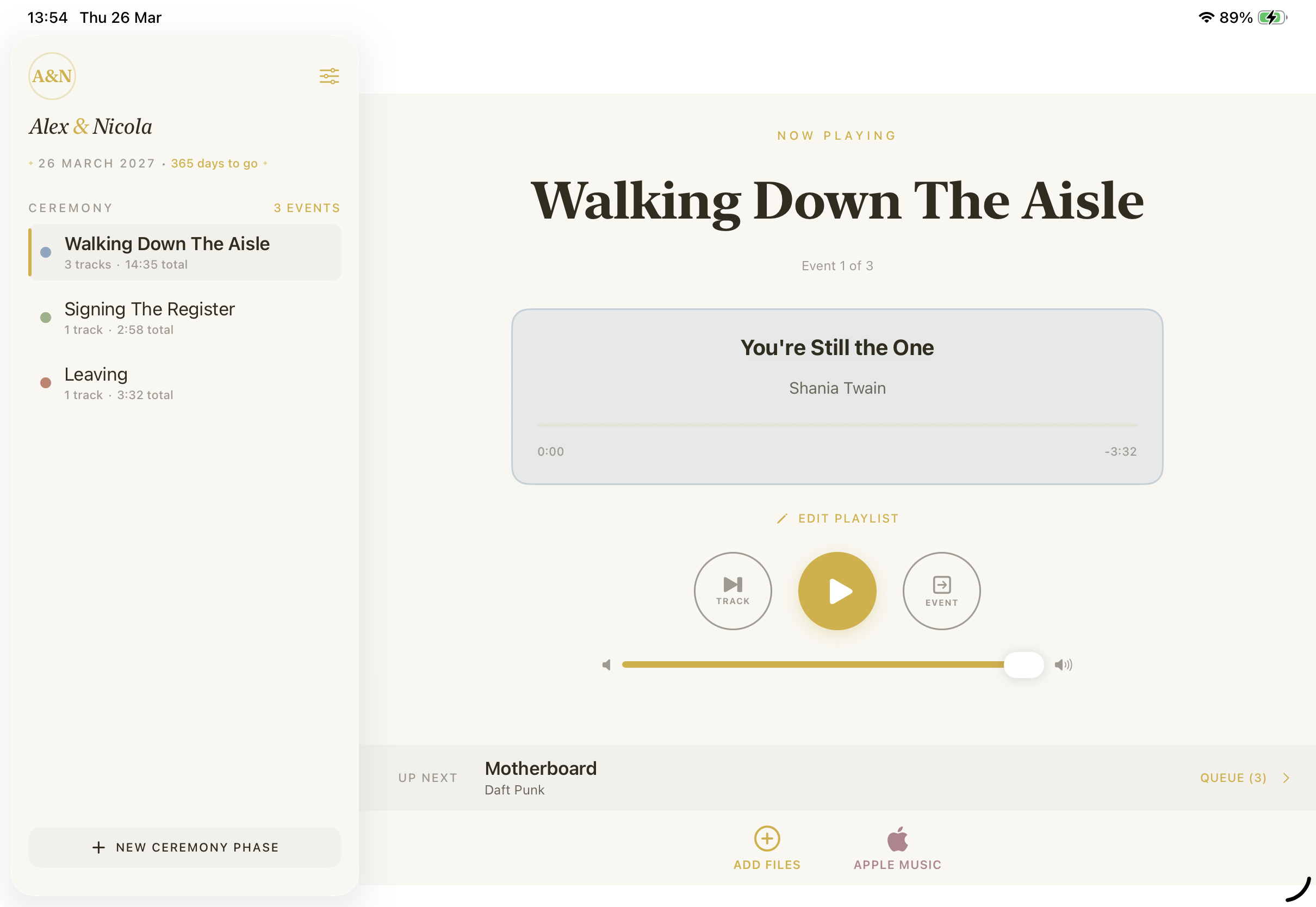 WeddingPlayer on iPad with split-view sidebar
