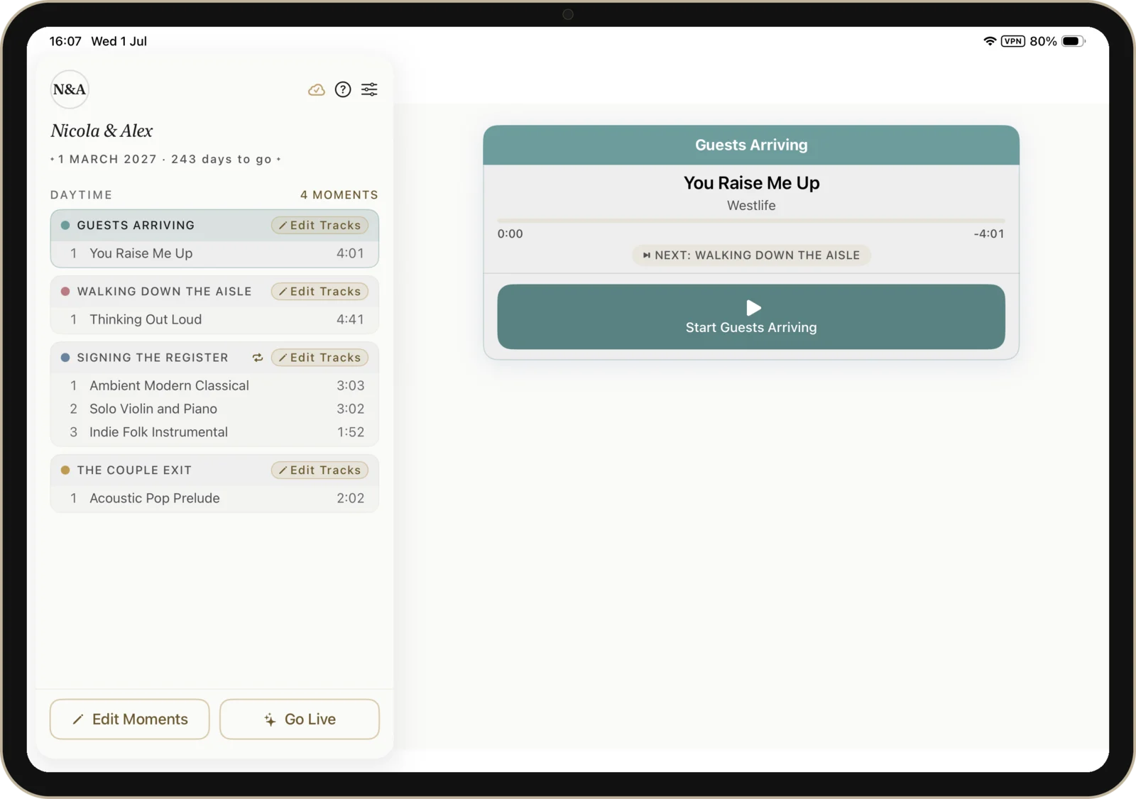 Wedding Player on iPad showing the same Nicola and Alex ceremony in split view, in sync with the iPhone